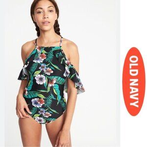 Old Navy | "Black Floral" Cold-Shoulder Swimsuit for Women | Size Large